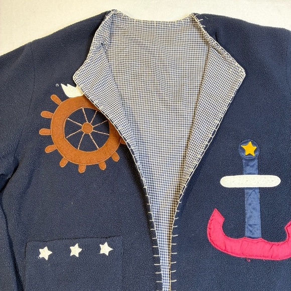 Women’s Fleece Open Front Cardigan Jacket Nautical Appliqué Whip Stitch Navy - Picture 3 of 9